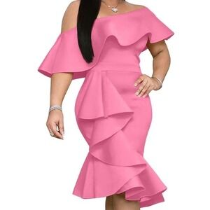 GOBLES Womens Elegant Off The Shoulder‎ Zipper Ruffles Bodycon Midi Small